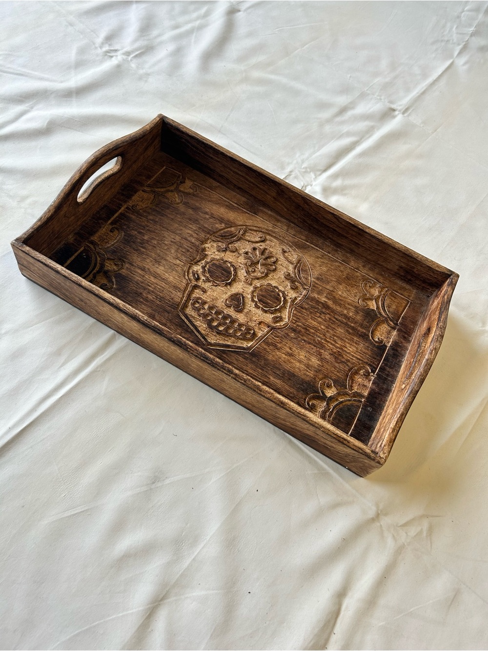 Handcrafted Brown Wooden Vanity Tray with Carved Skull Accent